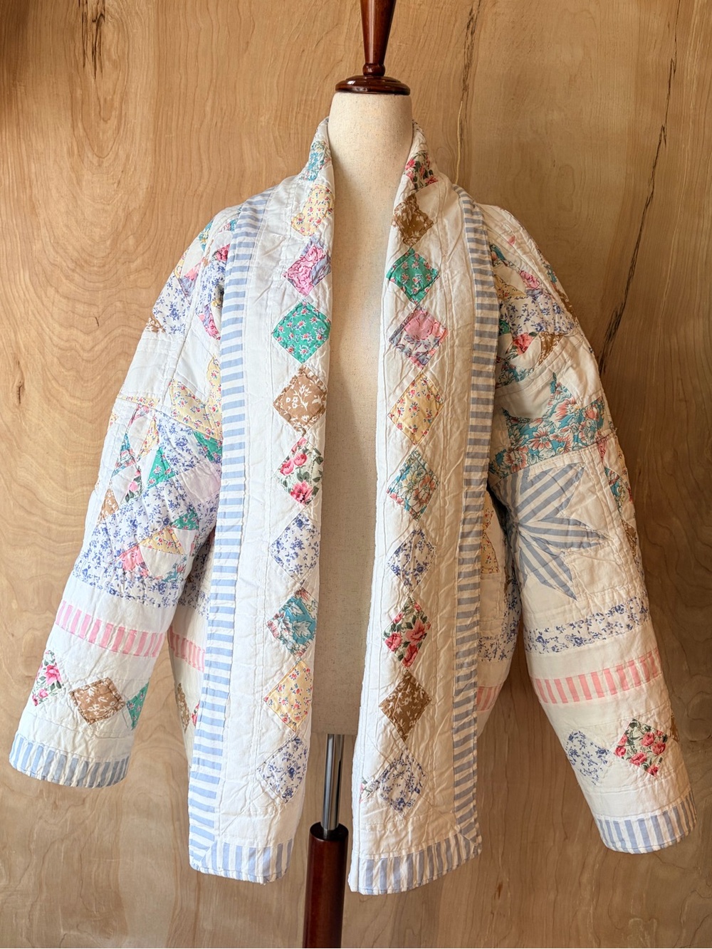 Women's Handmade Patchwork Quilted Jacket - White, Blue, Pink - Picture 7 of 9